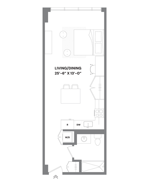 a floor plan of a small apartment with a bedroom and a living room